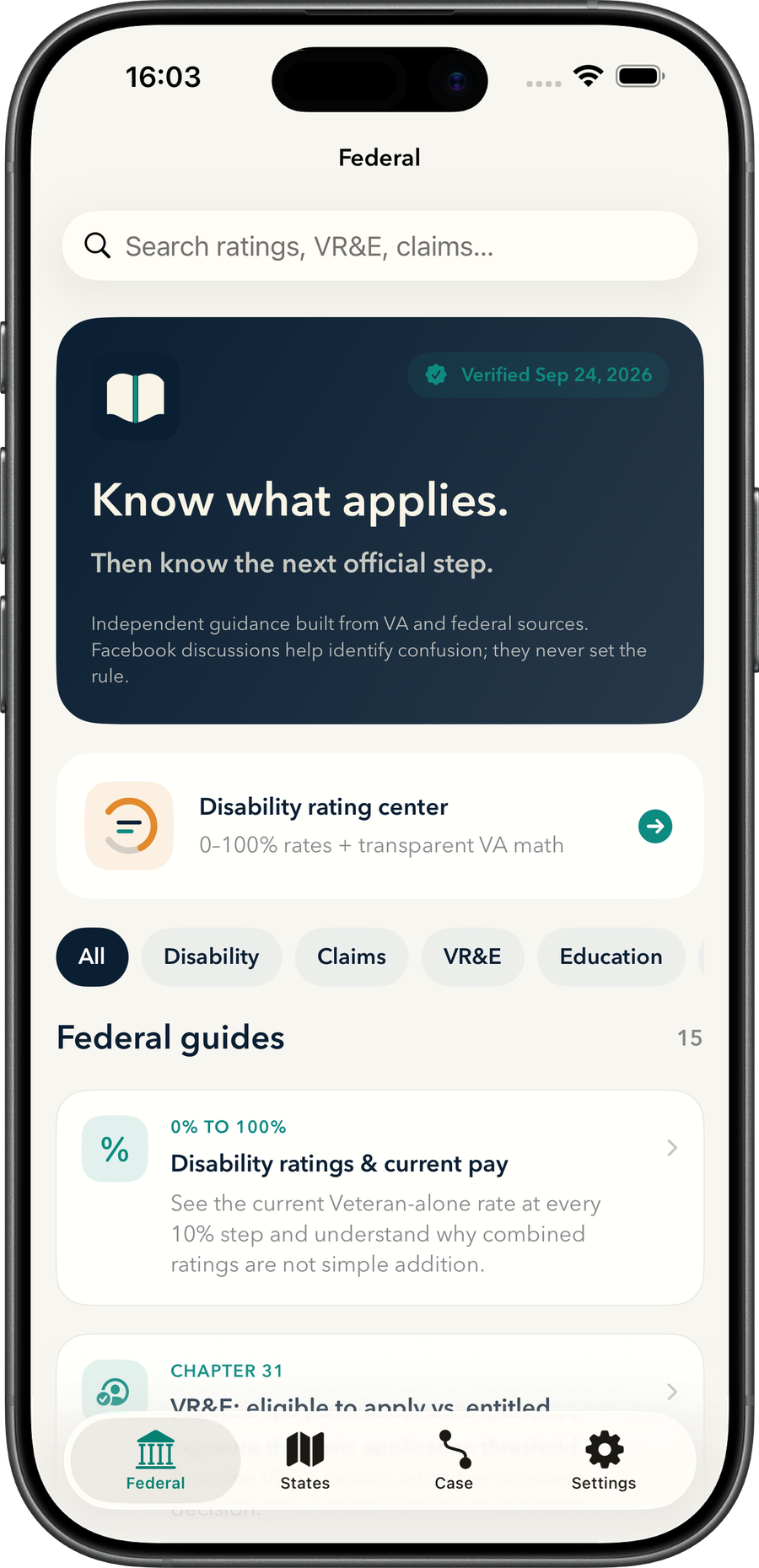 VetGuide Federal benefits home on iPhone