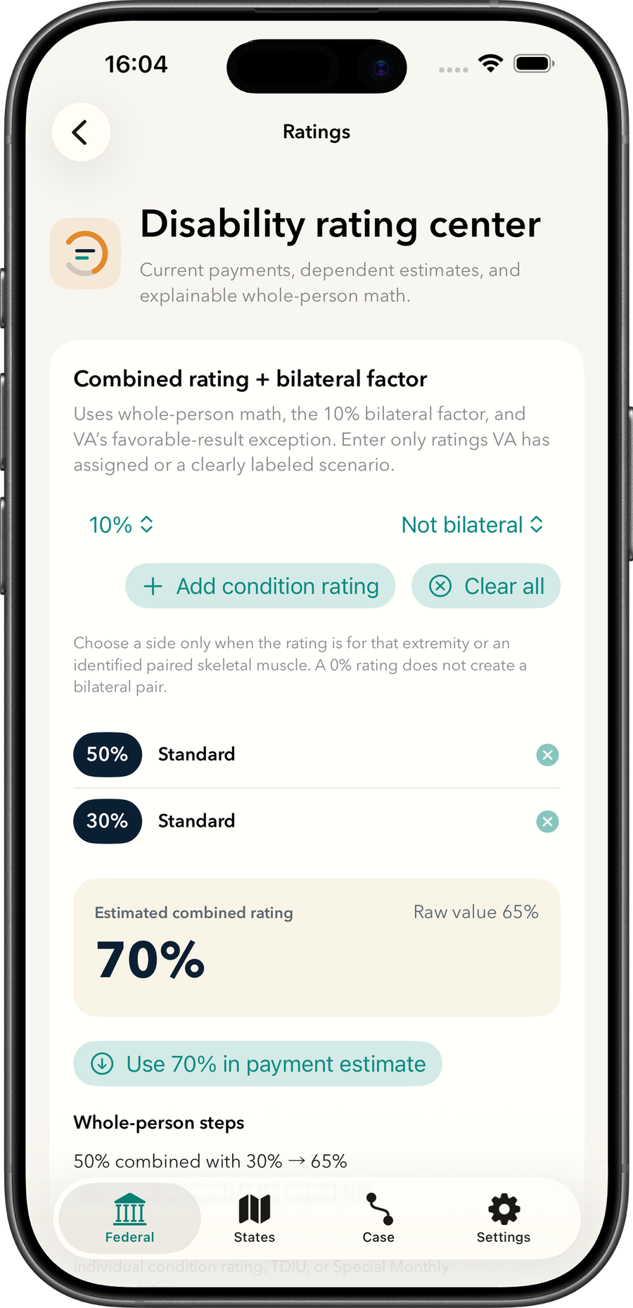 VetGuide disability rating center on iPhone