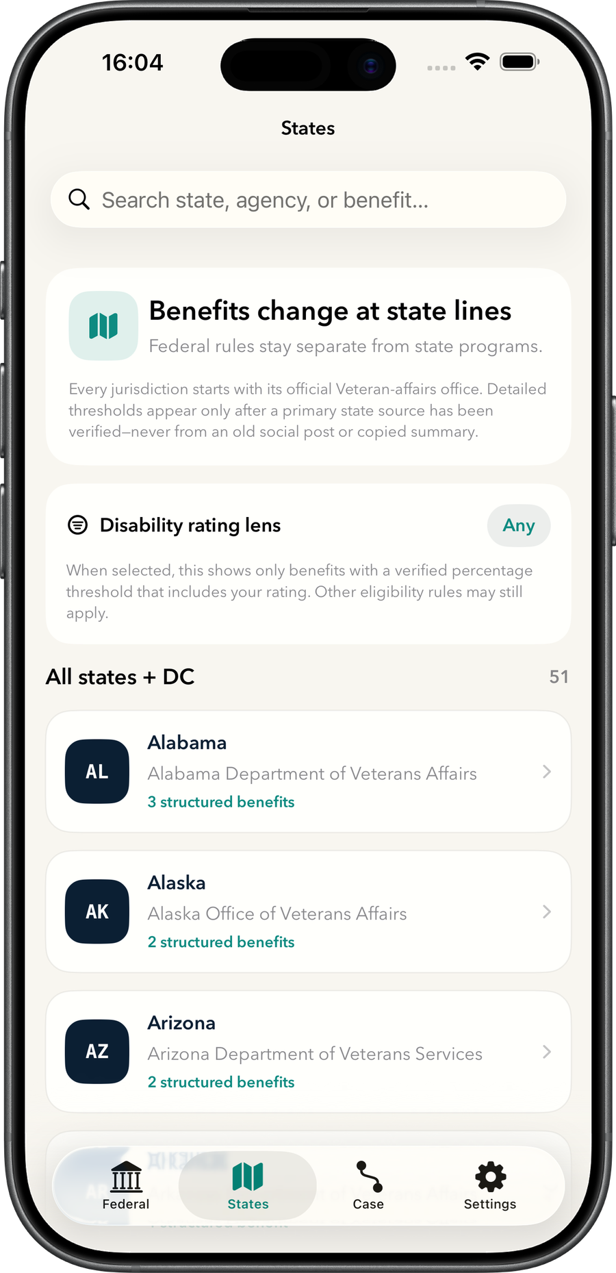 VetGuide state benefits directory on iPhone