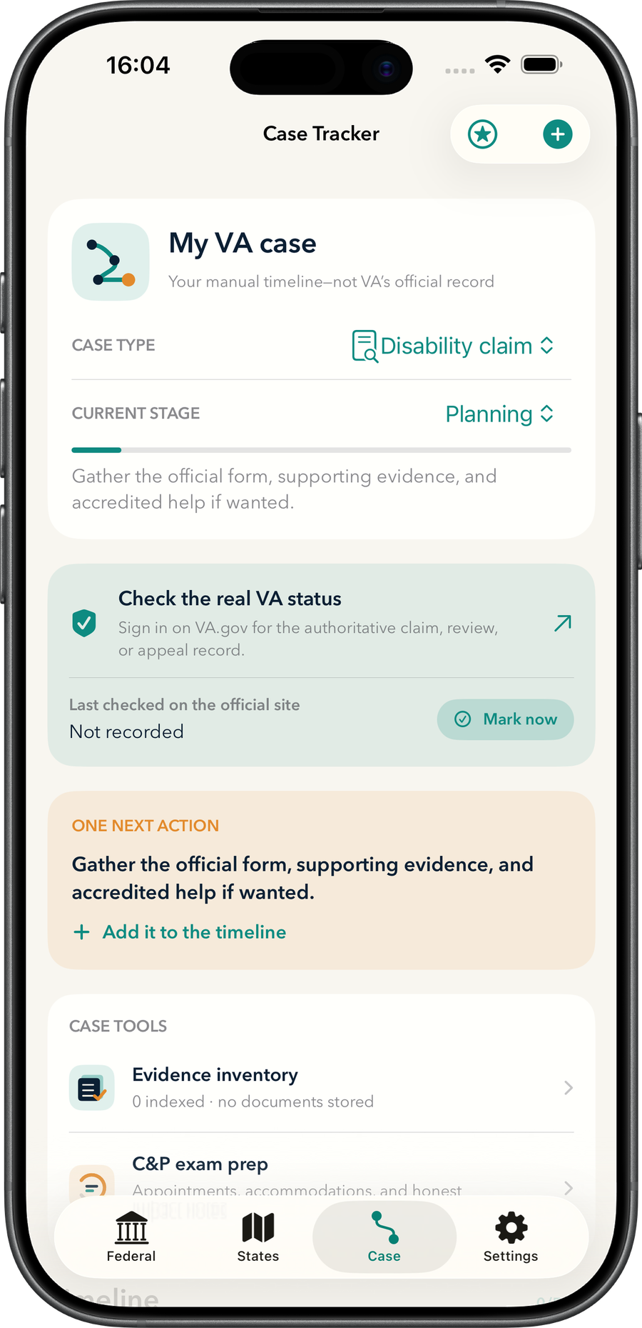 Private local case organizer with stage, next action, official VA status link, and evidence inventory