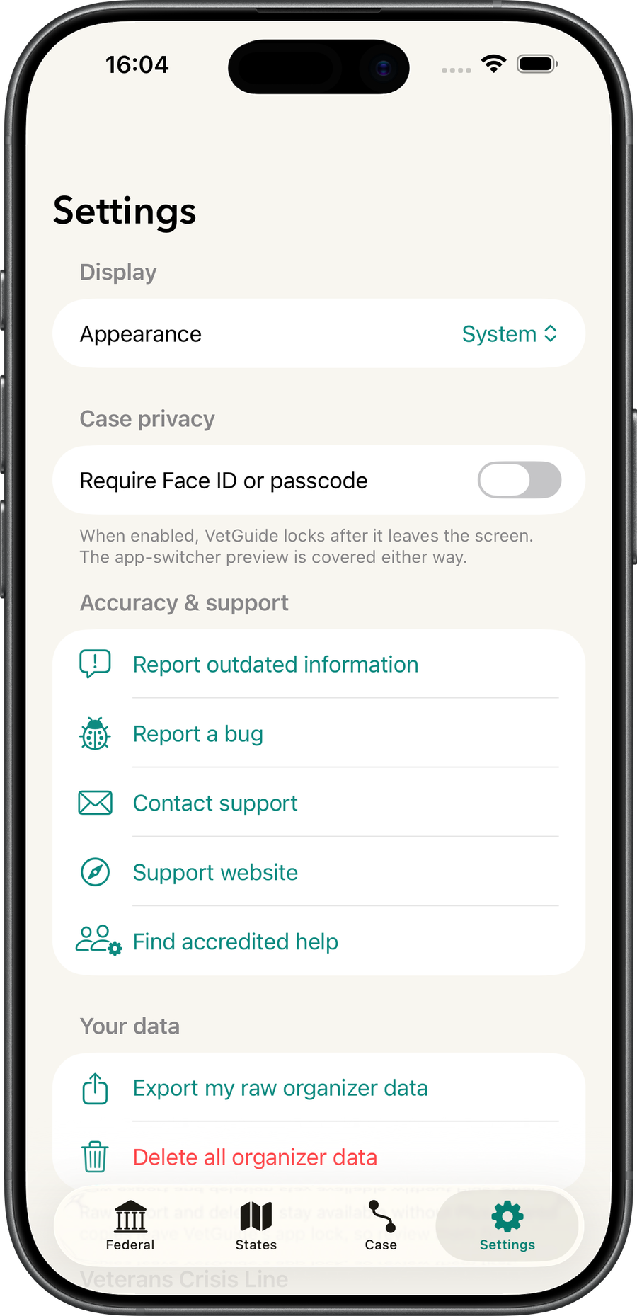 VetGuide settings with privacy, correction reporting, support, export, and delete controls